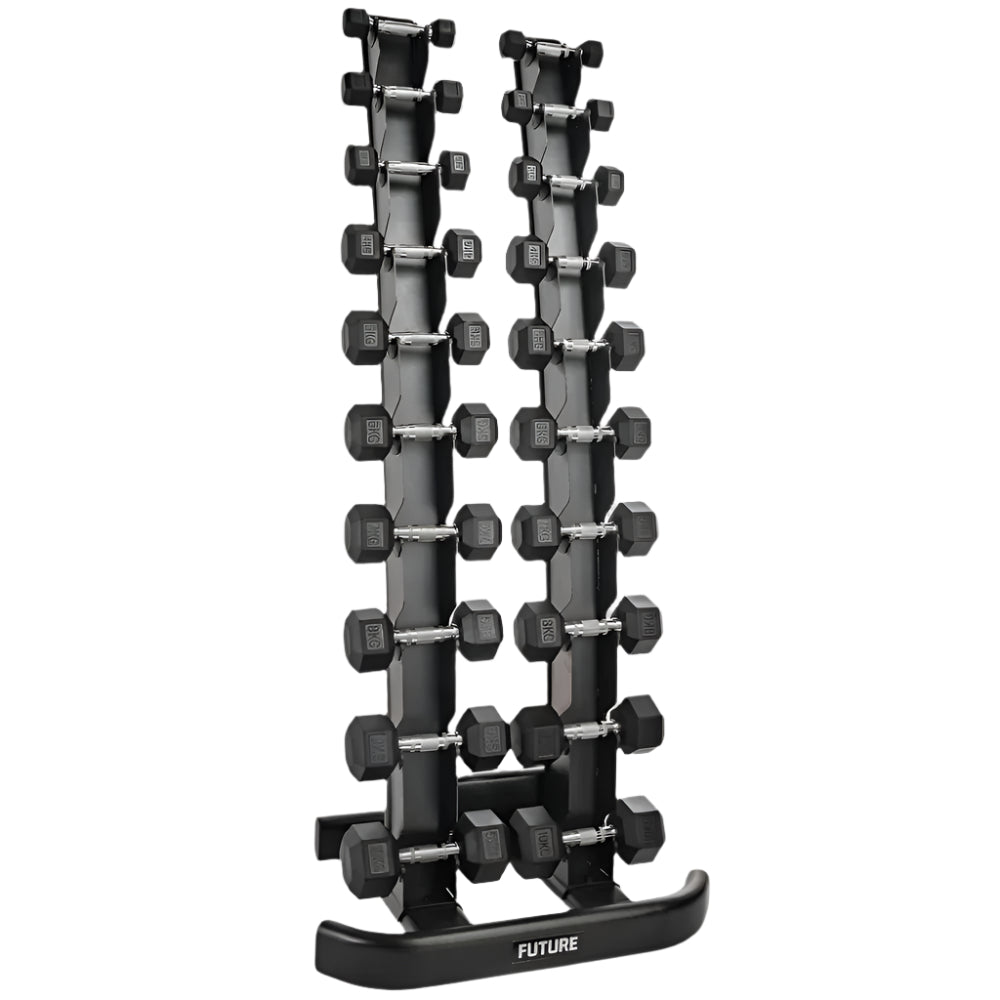 1 - 10kg Hex Rubber Dumbbell Set & Vertical Rack