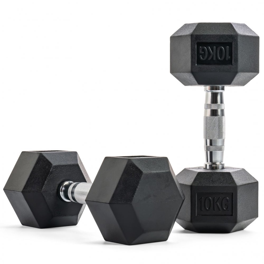 1 - 10kg Hex Rubber Dumbbell Set & Vertical Rack