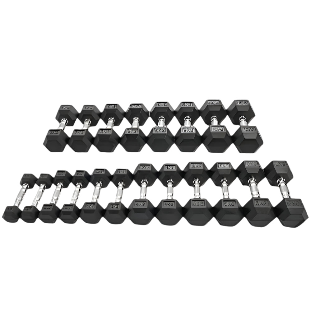 1 - 10kg Hex Rubber Dumbbell Set & Vertical Rack