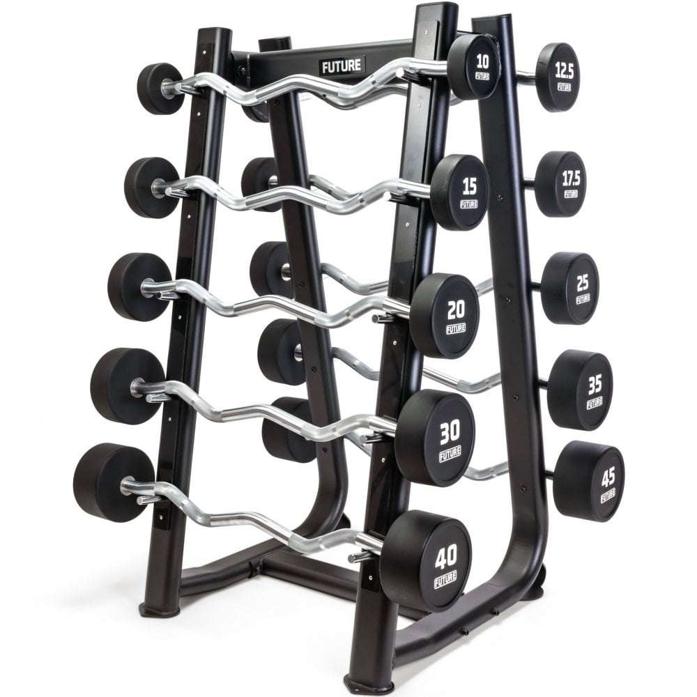 10 - 45kg Premium Urethane EZ Curl Barbell Set & Rack