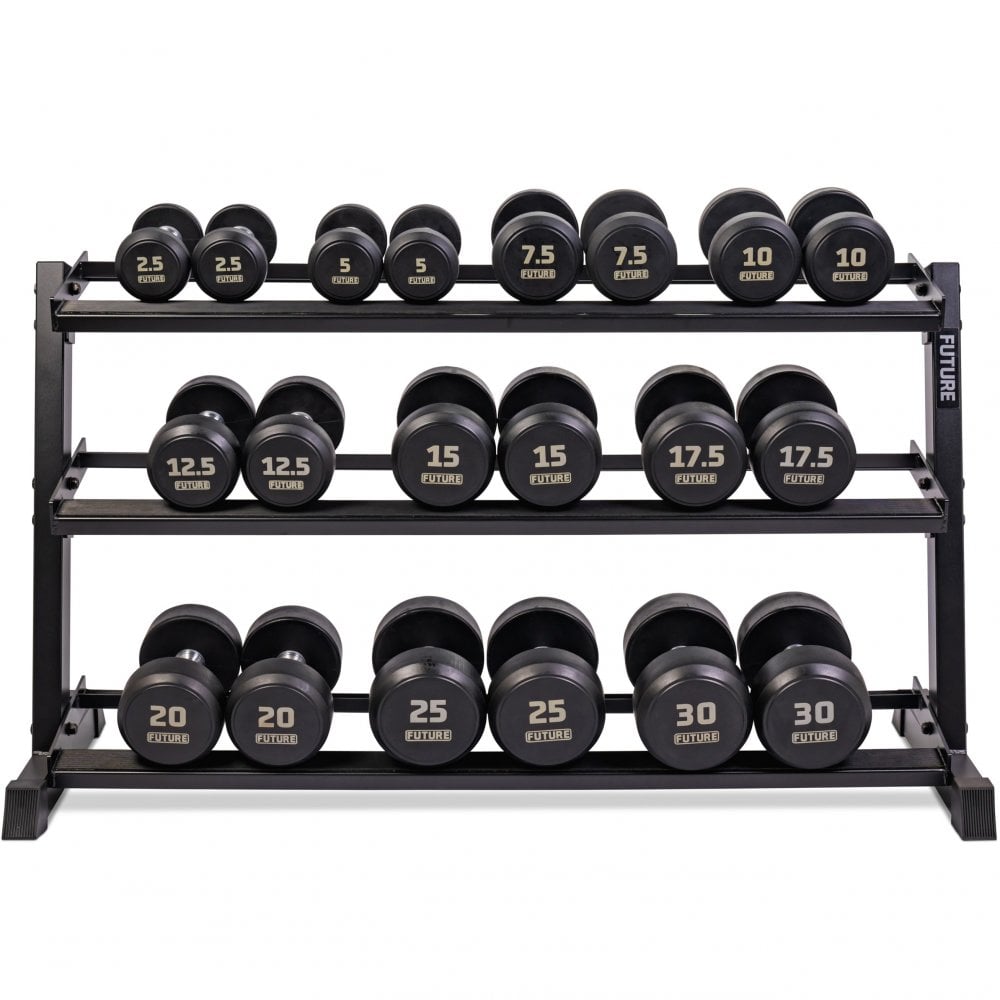 2.5 - 30kg Premium Rubber Dumbbell Set & 3 Tier Rack (10 Pairs)