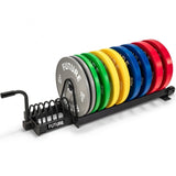 150kg Competition Calibrated Colour Coded Olympic Bumper Plate Set & Toast Rack