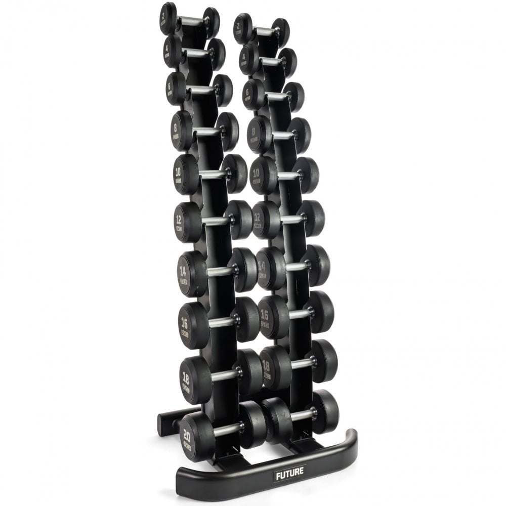 2 - 20kg Premium Rubber Dumbbell Set & Vertical Rack